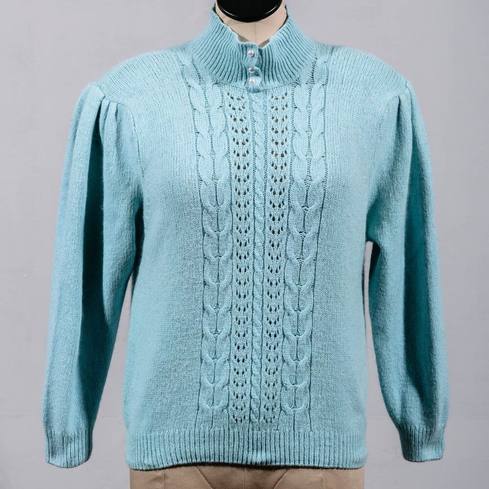 Novelli 50s Style 55% Silk Angora Robins Egg Blue Collar Cable Knit Sweater P/L